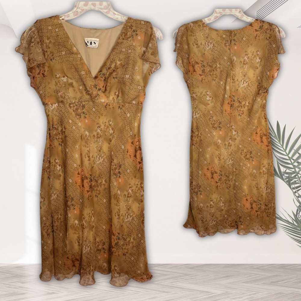 DBY Floral Brown Sheer Babydoll Flutter Sleeve Dress Y2K Fairy Grunge 6 S VTG